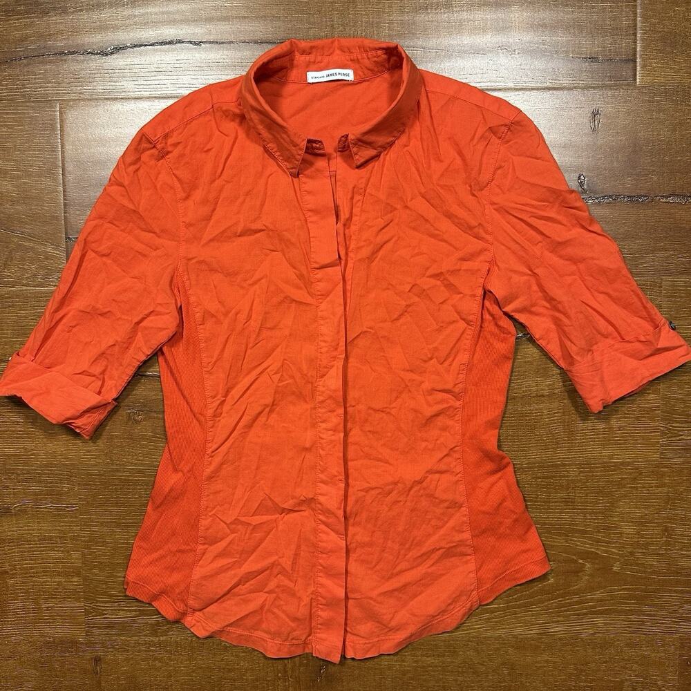 James Perse Button Up Shirt Womens 2 M Orange 3/4 Sleeve Cotton City Minimal